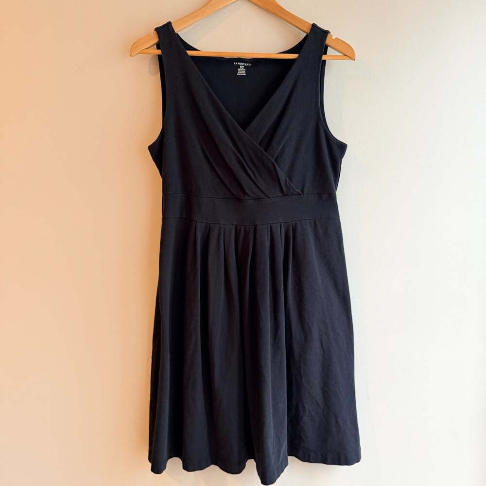 Lands' End Black Sleeveless Cotton Modal Pleated Crossover Fit & Flare Dress